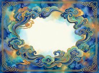 Ornate decorative frame with swirling clouds and celestial elements in blue and gold tones, empty center space for text or design on cosmic background.