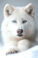 Close-up portrait of white Arctic fox with piercing blue eyes and fluffy fur against light background, showing gentle expression and paw in foreground.