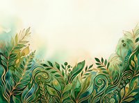 Ornamental foliage border with decorative leaves and swirling botanical elements in green and gold tones on cream background, suitable for invitations and design projects.
