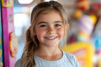 Happy young girl with blonde hair smiling in colorful playground or arcade setting. Child enjoying fun recreational activities and entertainment.
