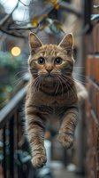 Curious ginger cat with bright blue eyes peering from balcony railing against blurred bokeh background. Fluffy feline with expressive face and long whiskers in urban setting.