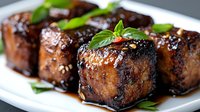 Glazed pork belly cubes with caramelized exterior and fresh herbs on white plate. Succulent meat portions with glossy sauce for culinary presentations.