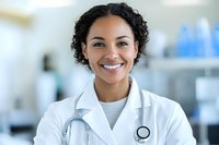 Young African American female doctor with curly hair and bright smile wearing white coat and stethoscope in medical office setting. Professional healthcare portrait.