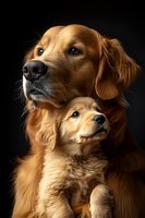 Adult golden retriever and puppy golden retriever stacked portrait against black background. Suitable for pet care, veterinary, family bonding, and animal training marketing materials.