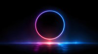 Neon circle glowing with vibrant pink and blue gradient light effects on dark background with reflective surface for modern digital design projects.