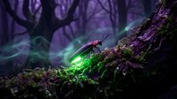 Glowing green firefly beetle on moss-covered tree bark in mystical purple forest with ethereal light beams creating magical woodland atmosphere.