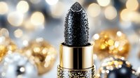 Black lipstick with water drops on golden metallic base against blurred bokeh background, luxury cosmetic product photography for beauty industry.