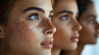 Side view portraits of three diverse young women with natural makeup and freckles looking forward against warm background, focus on blue eyes and facial features.