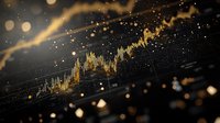 Golden financial chart rising against dark background with glowing particles and bokeh lights creating dramatic market visualization for business concept.