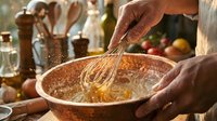 Professional chef whisking ingredients in wooden bowl during cooking preparation in warm kitchen setting with fresh produce and utensils in background.