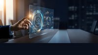 AI technology interface with glowing holographic display showing digital analytics and data visualization. Businessman hand touching transparent screen with futuristic icons in modern office setting.