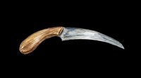 Curved pruning sickle with wooden handle isolated on transparent background, ready for clipart, t-shirt design, print-on-demand products, stickers, and sublimation projects.