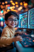Young South Asian boy wearing glasses smiles while coding at computer with colorful bokeh lights and programming screen in background, wearing yellow sweater.