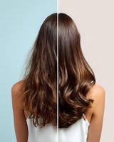 Before and after hair treatment comparison showing transformation from frizzy, damaged hair to smooth, glossy brunette locks on pastel background.