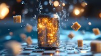 Glowing glass with fizzy drink and floating sugar cubes in dark setting with bokeh lights and water droplets, creating magical beverage photography atmosphere.