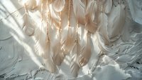 Delicate white and peach feathers in soft sunlight creating ethereal shadows on light background, dreamy atmospheric composition for spiritual and wellness designs.