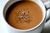 Creamy hot chocolate topped with crushed nuts and cocoa powder in white ceramic mug, close-up view showing rich texture and appetizing presentation.