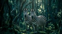 Two zebras standing together in dense tropical forest with dappled sunlight filtering through lush green foliage creating mystical woodland atmosphere.