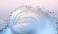 Dynamic ocean wave with splashing water droplets and smooth curved surface against soft pink sky, creating powerful natural movement and energy in marine environment.