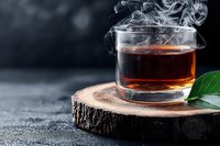 Hot steaming black tea in glass cup on rustic wooden slice with fresh green leaf against dark background, selective focus with copy space.