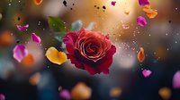 Magical floating red rose with scattered pink and orange petals against dark blurred background with glowing particles and bokeh lights creating romantic atmosphere.