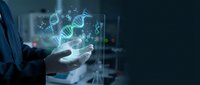 Scientist hands holding glowing DNA double helix with molecular structures in modern laboratory for genetic research and biotechnology applications.