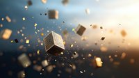 Floating metallic cubes and golden particles scattered in moody atmospheric lighting against blurred sunset background, creating dynamic motion and depth for technology concepts.