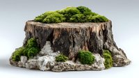 Old tree stump with vibrant green moss growing on top, isolated on light background for nature conservation and environmental concepts.