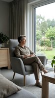 Senior Caucasian woman relaxing in modern armchair by large window overlooking garden, peaceful home interior with natural light and contemporary furniture.