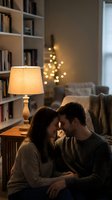 Romantic couple sharing intimate moment in cozy living room with warm lighting, bookshelves and soft blankets creating perfect atmosphere for love and togetherness.