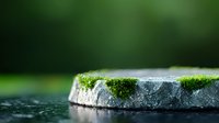Weathered concrete surface with green moss growing on edges against dark background, creating moody atmosphere with shallow depth of field and water droplets.