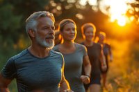 Senior man with gray beard and two younger adults jogging together outdoors during golden hour sunset, promoting active lifestyle and fitness for all ages.