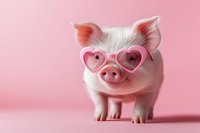 Adorable pink piglet wearing heart-shaped sunglasses on pastel background for cute animal themed designs and Valentine's Day marketing materials.