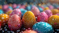 Colorful Easter eggs decorated with delicate white dot patterns in pink, gold, and turquoise tones against dark background with soft bokeh lights creating festive mood.