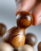 Wooden chess piece held between fingers showing detailed wood grain texture and natural patterns in macro photography against blurred background.