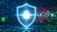 Cybersecurity shield protecting against digital threats with glowing padlock symbol on futuristic network background for technology security concepts.