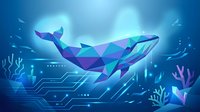 Geometric low poly whale swimming in digital ocean with circuit board patterns and coral silhouettes in blue gradient underwater technology scene.