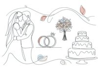 Romantic wedding line art with couple embracing, rings, bouquet and tiered cake. Minimalist continuous drawing style for invitations and celebration designs.