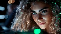 Young woman with curly hair and striking blue eyes smiling mysteriously in dark setting with green bokeh lights creating magical atmosphere. Dramatic portrait with selective lighting.