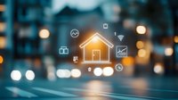 Glowing smart home icons with house silhouette floating over blurred urban background with bokeh lights, representing modern home automation technology.