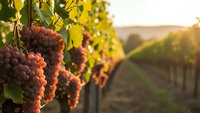 Ripe red grapes hanging on vineyard vines during golden hour sunset, perfect for wine industry marketing, agriculture concepts, and harvest season content.