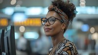 Young African American businesswoman with natural curly hair and glasses working at computer in modern office space with bokeh background lighting effects.