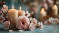 Romantic candles with soft pink roses and cherry blossoms create warm ambiance for spa relaxation, wedding decor, or intimate dinner setting.