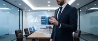 Professional businessman in suit interacting with holographic data analytics display in modern conference room for business technology presentations.