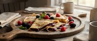Delicious crepes filled with chocolate spread topped with fresh berries and mint on rustic wooden plate. Morning breakfast scene with coffee cups by window.