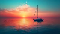 Sailboat silhouetted against vibrant orange and turquoise sunset sky, reflecting on calm ocean waters with sun setting on horizon creating dramatic seascape atmosphere.