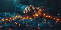 African American businessman touching glowing financial chart, digital transformation concept with orange light effect, perfect for business analytics.
