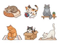 Tabby cat sleeping in round bed, orange and white kitten playing with ball, gray cat sitting on shelf with plant, ginger cat stretching on mat, black and white cat in cardboard box, white cat in downward stretch pose. Isolated clipart collection on white background, ready for design use on t-shirts, stickers, and merchandise.