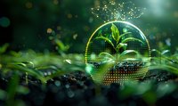 Young green plant seedling growing in rich soil surrounded by glowing digital circle and sparkles against dark background with bokeh lights for sustainability concept.