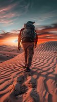 Male hiker with backpack walking alone on sand dunes during dramatic sunset, orange sky and rippled desert landscape create atmospheric adventure scene.